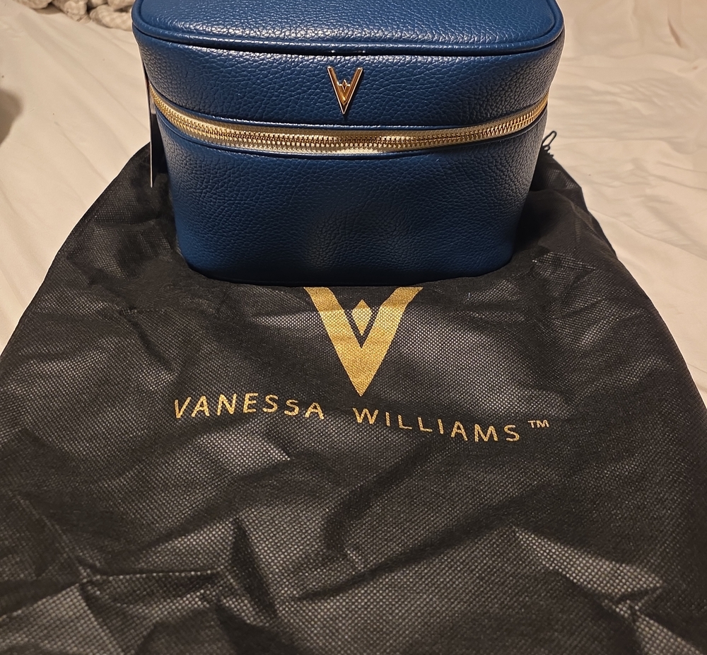 Vanessa Williams Navy Pebbled Leather Travel Cosmetic Case with Gold Accent